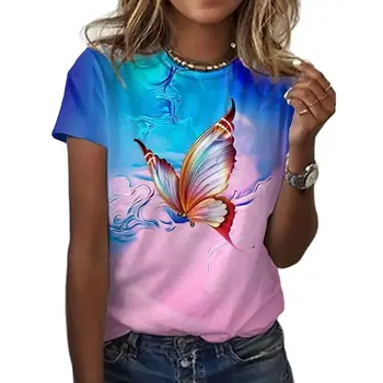 2023 Naujas Negabaritinių Marškinėliai Moteriška Atsitiktinis Ponios Trumpas Rankovės 3D Marškinėliai Spausdinami Aplink Kaklo Palaidinė Drugelis Harajuku Prarasti Viršų