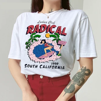 Radikalių Paplūdimys marškinėliai Moterims Spausdinti Mergina Marškinėlius Vasaros Grafinis Tee Marškinėliai Femme Harajuku Fashiono-kaklo Atsitiktinis Palaidų Pasėlių Viršų