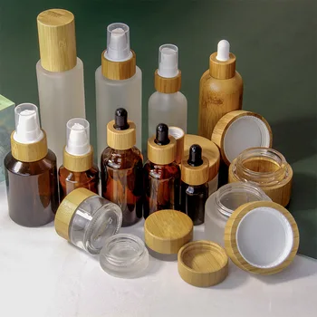 Matinio stiklo emulsija purškimo butelis, Kvepalų buteliukai, Odos priežiūros kremas jar Kaukė Kosmetikos pakuotės, konteineriai su mediniais bambuko bžūp