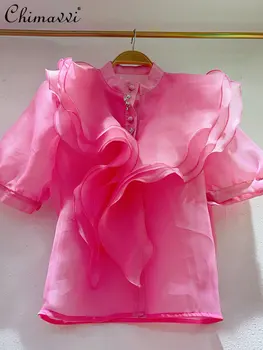 2023 Vasarą Naujasis prancūzijos Karaliaus Stiliaus Susiėmę Organza Marškinėliai Moterų Mados Žr.-per Temperamentas Viršaus Sluoksniuotos Rankovėmis Blusas Mujer