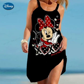Moterų Suknelė Disney Minnie, Mickey Mouse Spausdinti Diržas Off Peties Prarasti-line Atostogų Paplūdimyje Vasarą 