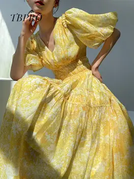 Elegantiškas V-kaklo Gėlių Spausdinti Suknelė Moterims Elastinga Juosmens Sluoksniuotos Rankovėmis Ilga Suknelė 2023 Pavasario Vasaros Slim-line Moterų Vestidos
