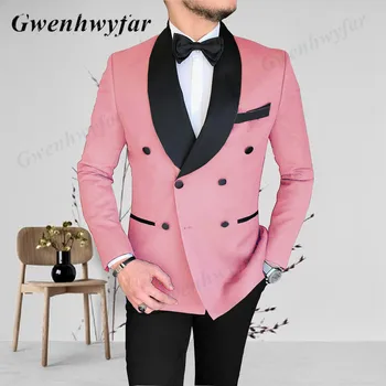 Gwenhwyfar vyriški Kostiumai 2 Vienetų Rinkinį Įeina Rožinės spalvos Švarkas Juodos Kelnės 2022 Aukštos Kokybės Dvigubo Breasted Groomsmen Vestuvių Kostiumas