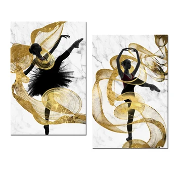 Abstraktus Moterų Baleto Sienos Menas Nuotraukas Kambarį Namų Dekoro Spaudinių Prabanga Šokių Mergina Aukso Streamer Drobė, Tapyba
