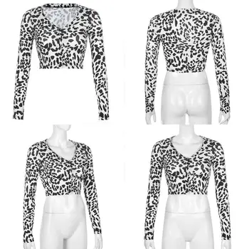 Moterų Ilgas Rankovėmis Seksualus V-Kaklo Marškinėliai Leopard Mygtuką Priekyje Briaunoti Slim Pasėlių Viršuje 10CF