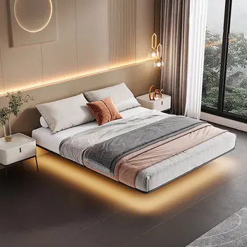 Italijos minimalistinio begalvis lova, sustabdytas, lovų, medžio masyvo dvigulė lova, 1.8 * 2 metrų, minimalistinis miegamasis, mažas vienetas lovos rėmo