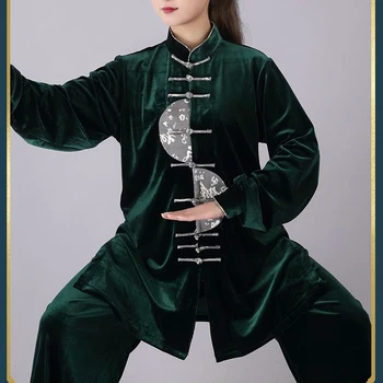 Aukštos Kokybės Rudenį&Žiemos Aksomo, Tai Chi, Kostiumai Sutirštės Kung Fu Wushu uniformas Martia Menų Naudotis Drabužių mėlyna/žalia
