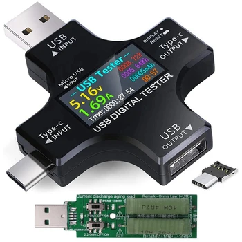 Elektros Testeris 2 In 1 C Tipo USB Testeris Spalvotas Ekranas IPS Digital Voltmeter,Įtampa,Srovė,Galia,Temperatūra,Su Apkrova